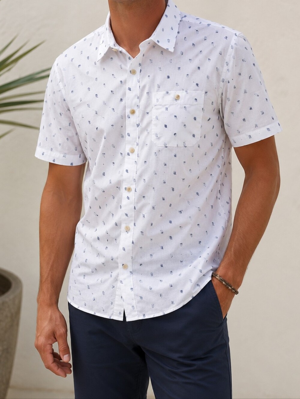 Men's White Short-Sleeve Button-Down Shirt with Navy Dot Print
